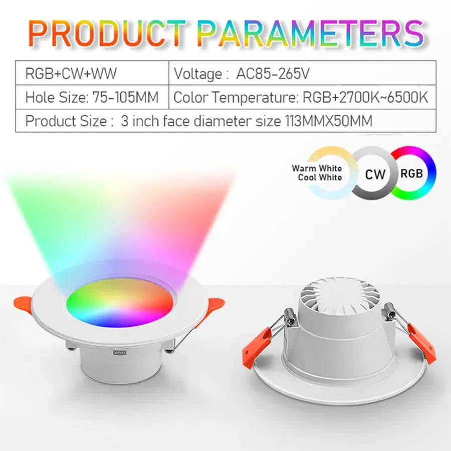 Tuya Smart LED Downlight Bluetooth Recessed Led Spot Lights 15W AC85-265V RGB+CW+WW APP Control Works With Alexa Geogle Home Oasis Select