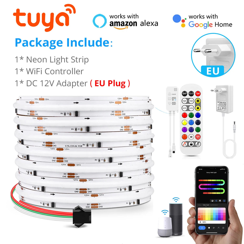 Tuya Wifi Intelligence RGB IC COB LED Strip Light 12V 24key Kit Remote Control 576LEDs/m High Density Linear Lights Flex Tape Oasis Select European Power Plug DC 12V 5M LED Strip Kit