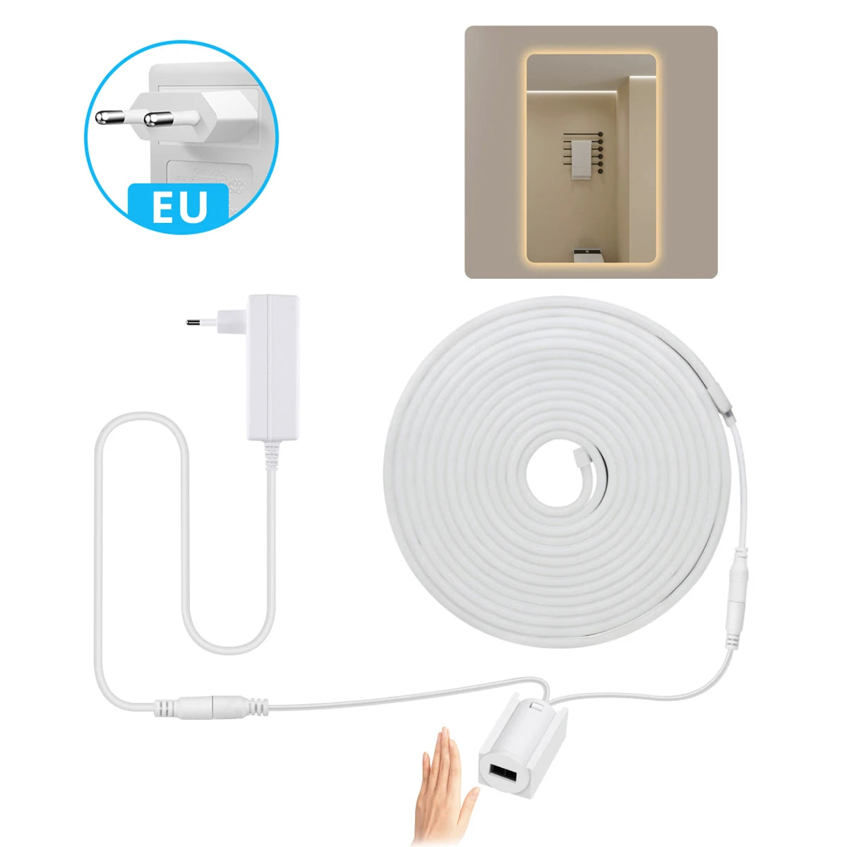 DC12V LED Strip Lights with Hand Sweep Motion Sensor 1M/2M/3M/5M Neon Tape for Cabinet Bathroom Mirror Lighting Hand Sweep Contr Oasis Select European Plug Warm 5m