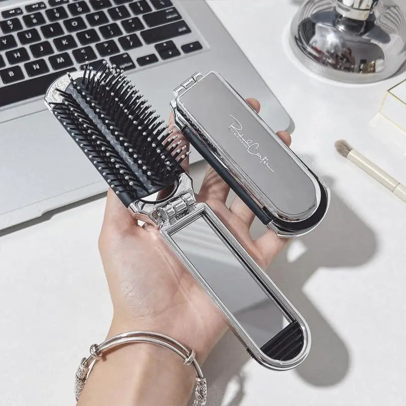 1/3/5PCS Folding Hair Brush Mirror Soft Bristle Silver Detangling Women Girls Travel Purse Gym Portable Compact Styling Oasis Select