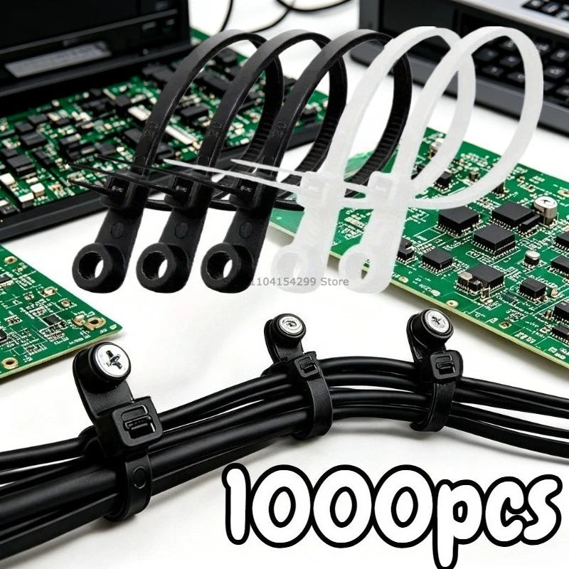 100-1000PCS Screw Hole Cable Ties Nylon Cable Ties Reusable Fixed Self-locking Cord Ties Straps Fastening Loop Office Organizer Oasis Select