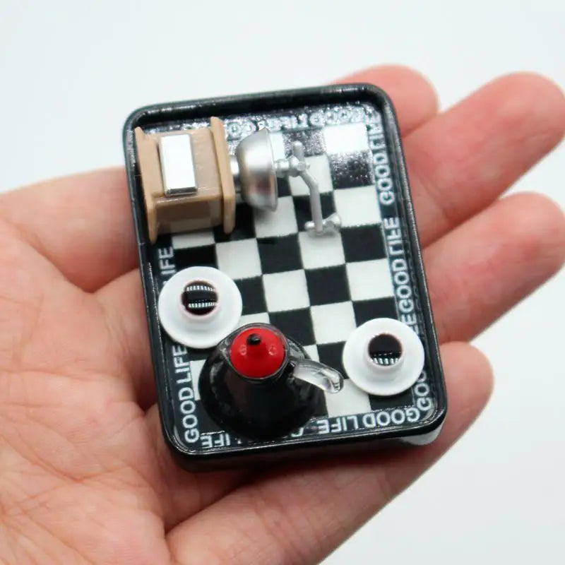 Dollhouse Miniature Coffee Maker Grinder Black And White Checkered Dinner Plate Set Model Dollhouse Accessories Pretend Play Toy Oasis Select