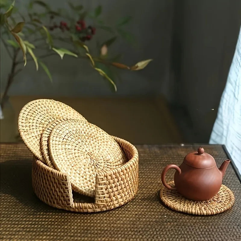 1/6pcs Handcrafted Rattan Coaster - Autumn Vine Design, Heat-Resistant Pot Mat for Kitchen & Dining, Wooden Tea Accessory Oasis Select