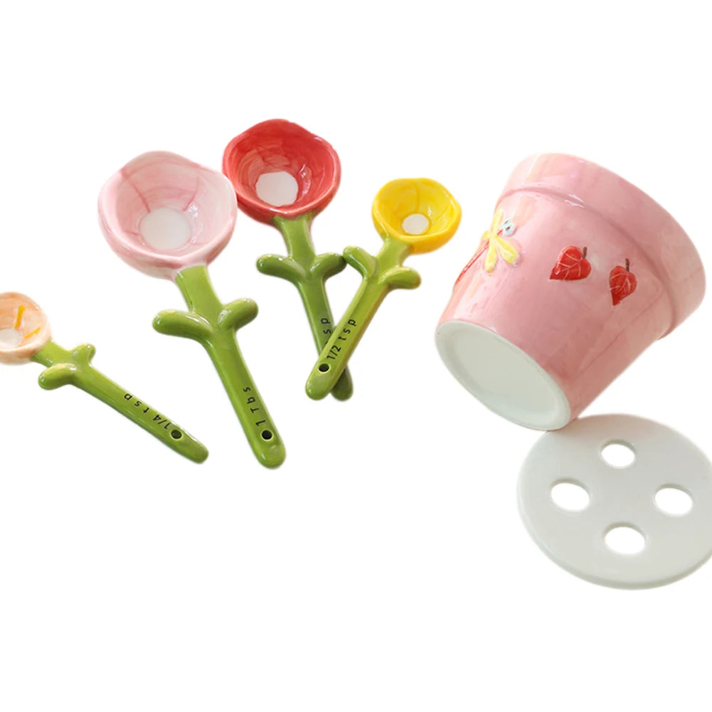 Ceramic Flower Measuring Spoons Set with Holder | Kitchen Decor