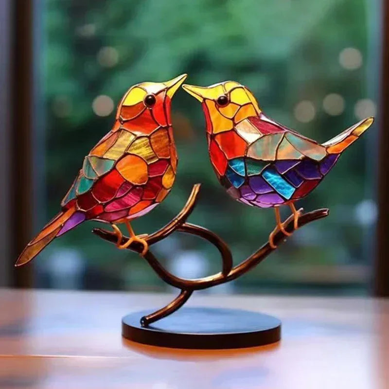Multicolor Birds Stained Acrylic Birds on Branch Desktop Ornaments Double Sided Multicolor Style Craft Statue Ornaments Oasis Select