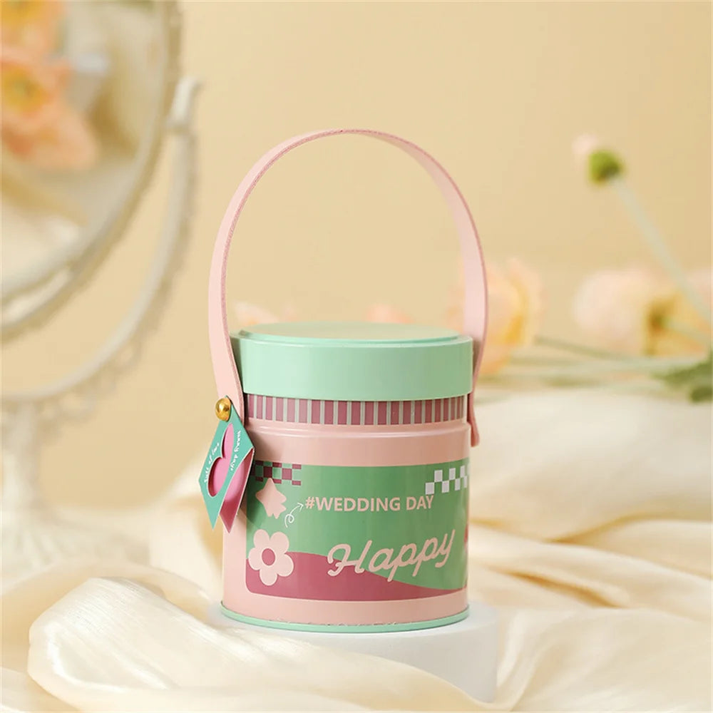 Wedding Tin Candy Box Round Storage Boxes Portable Handle Sugar Coffee Tea Tinplate Organizer Can Children Gifts Packaging Box Oasis Select Pink other