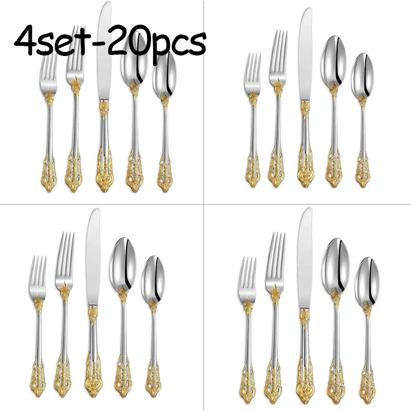 Stainless Steel Dinnerware Sets High-grade Knife Fork And Spoons Cutlery Kits Gold Plated Floral Pattern Tableware Dropship Oasis Select 4set silver golden