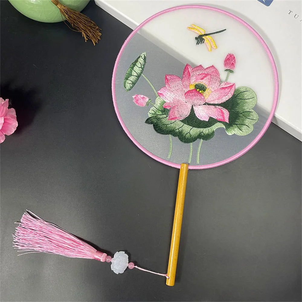 Round Double Sided Embroidery Fan Chinese Style Wooden Handle Embroidery Round Fan with Pendant Handheld Flower Silk Fan Oasis Select Style 11