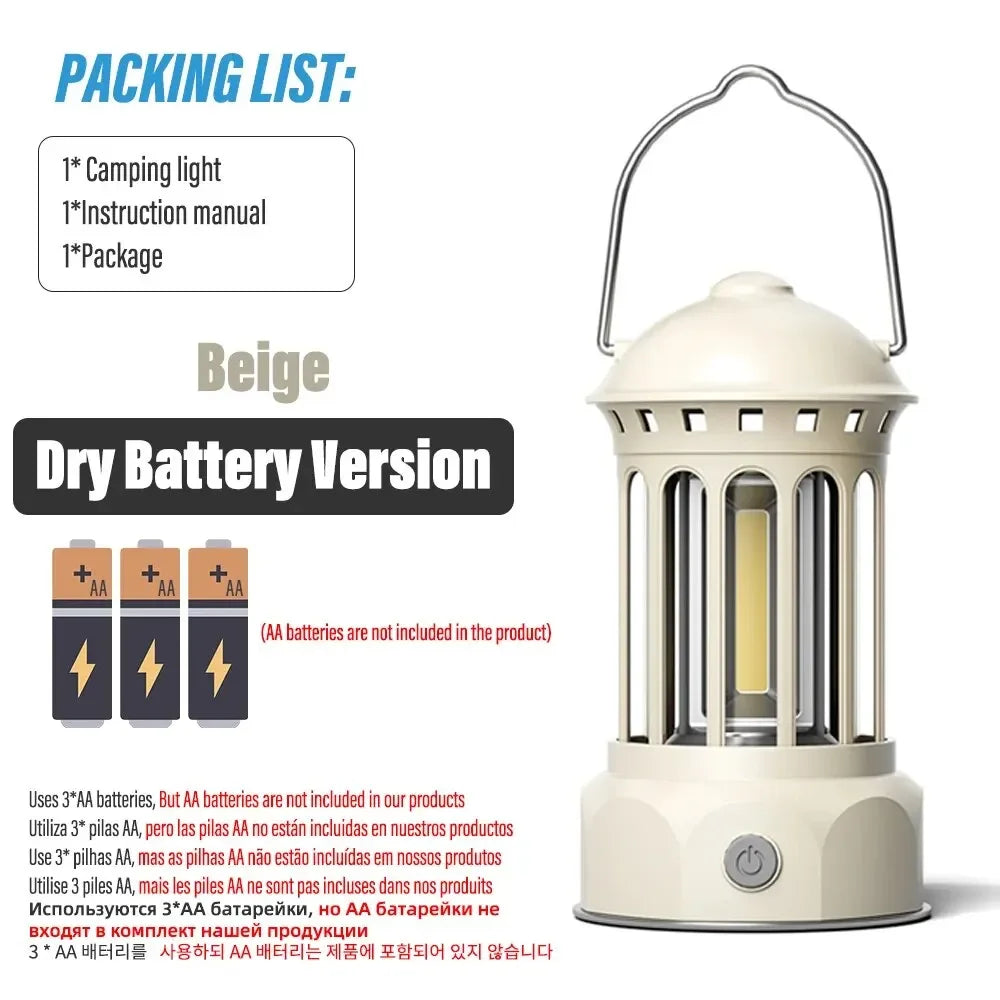 European Roman Pillar Vintage Camping Lantern Flashlight Rechargeable Lamp With Hook Warm White Light For Camping, Exploring Oasis Select Beige-Battery L800BR