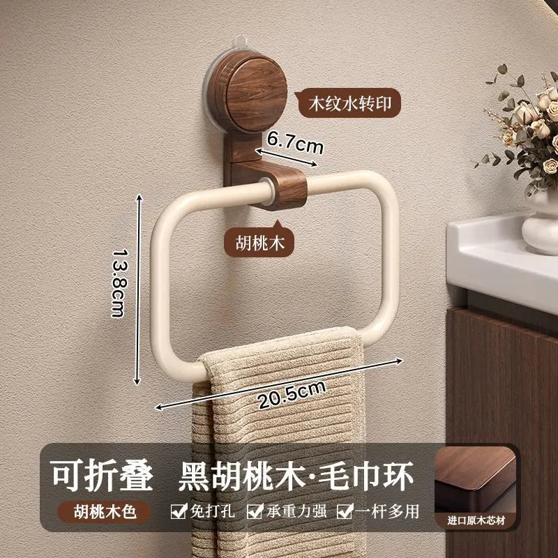 Suction Cup Walnut Towel Rack Perforation-free Wall Hanging Bathroom Towel Ring Bathroom Towel Rack Oasis Select white