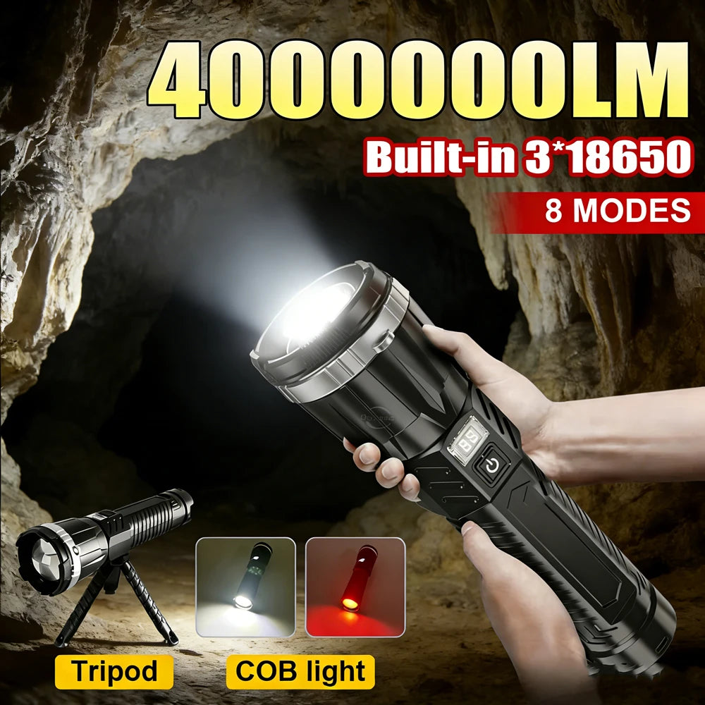 High Power Flashlight Built-in 3*18650 COB Edc Flashlight USB Rechargeable Waterproof LED Light Big Aperture Camping Work Light Oasis Select
