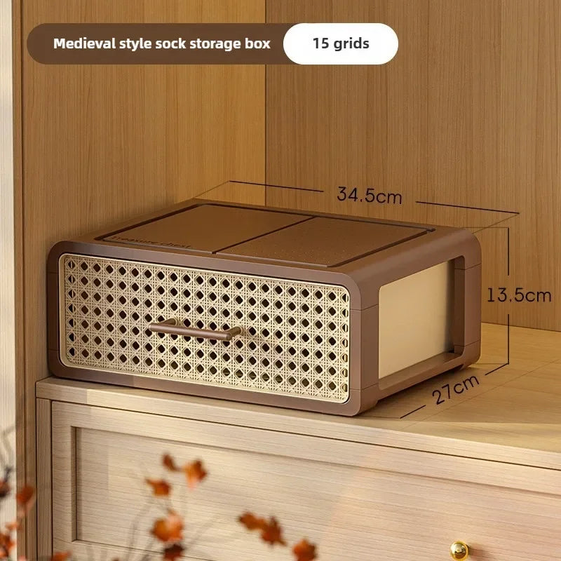 Home bedroom underwear storage box, home drawer style grid sorting wardrobe, antique style plastic rattan dust-proof storage box Oasis Select 1 layers C