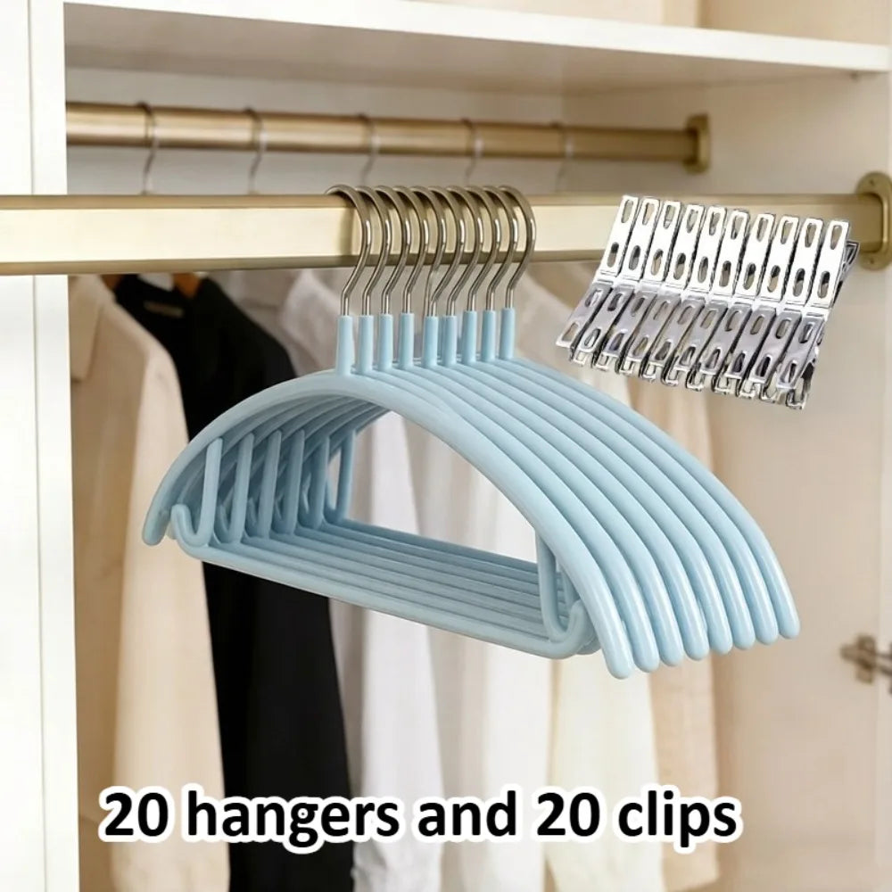 20pcs Non-Slip Hangers with 20 Metal Clips,Anti-Shoulder Bump Arc Design Trouser & Clothes Hanger Set for Laundry Closet,Hangers Oasis Select blue