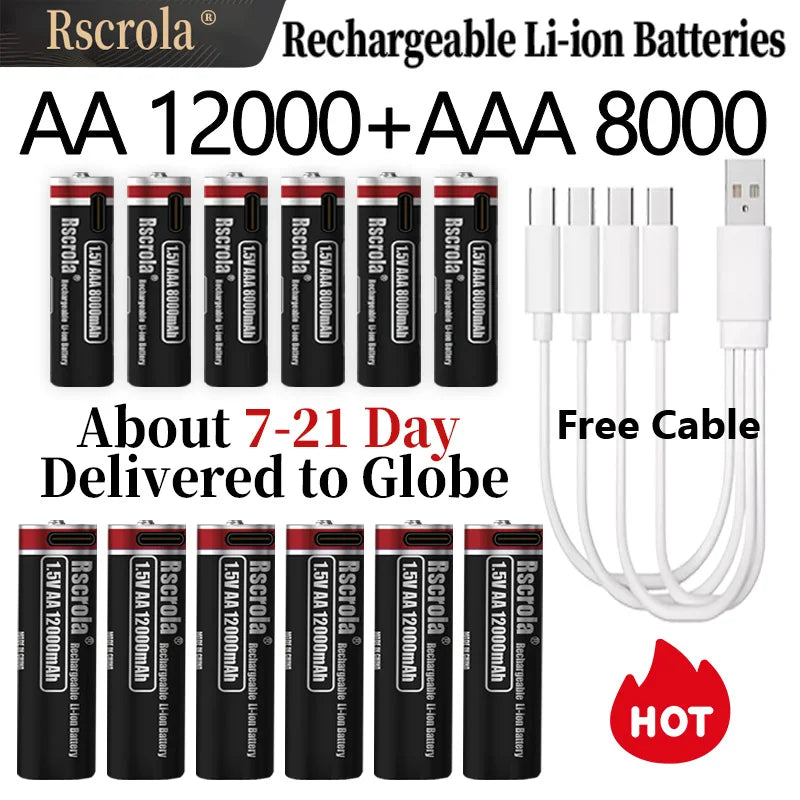 1.5V Rechargeable Li-ion Battery AA 12000mAh/AAA 8000mAh Type-C Fast Charge High Capacity， Cameras/Mouse/Xbox Controllers/Toys Oasis Select