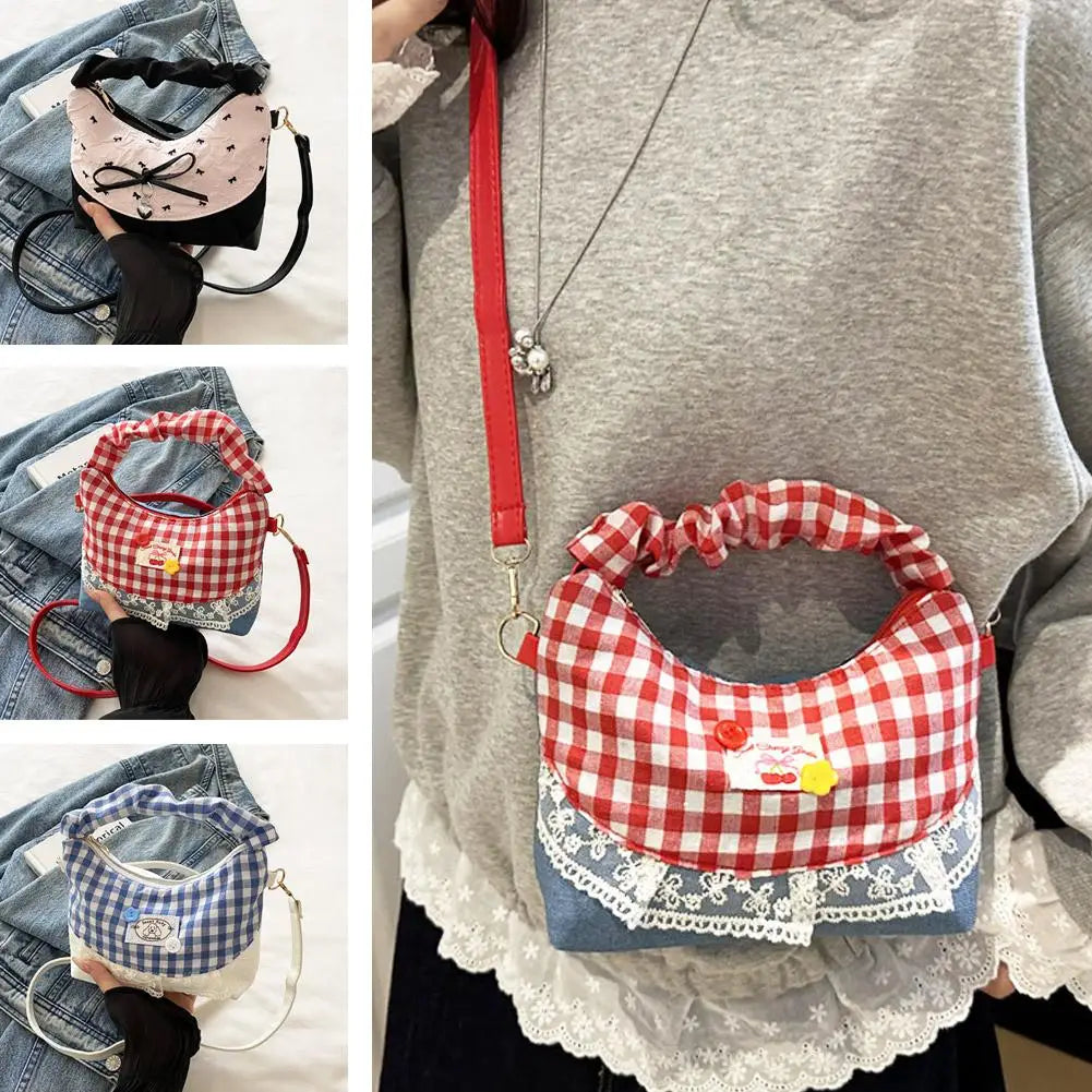 Women's Plaid Bow Dumpling Crossbody Canvas Bag | Handbag