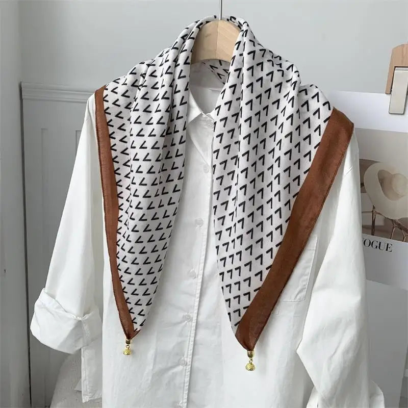 70x70 Retro Print Square Silk Scarf with Magnetic Buckle