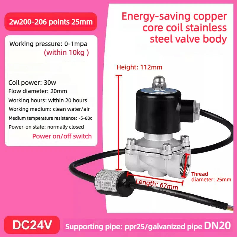 Lectric Solenoid ValveDN15/20/25 1/2" 3/4" 1" Energy Saving Non Heating Normally Closed Pneumatic Water Oil Air AV220V DC24V Oasis Select 2W20 DN20 DC24V Energy-saving model