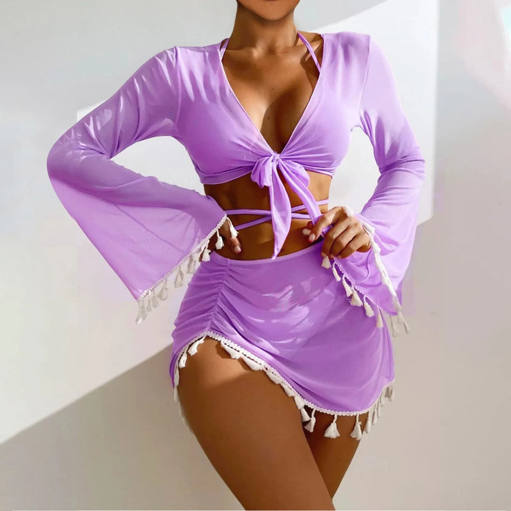 Solid Color Sexy Fashion Slim Fitting Beach Swimwear For Lady Split Lightweight Strap High Waist Pleated Cover-up Four-Piece Set Oasis Select Purple M