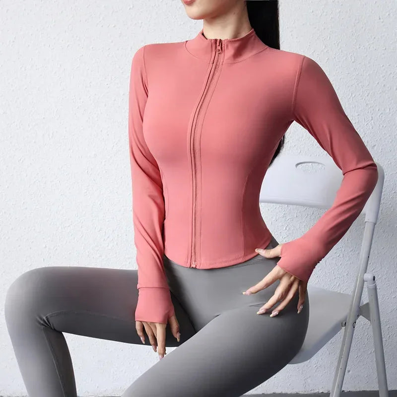 2024 Yoga Wear Running Sports Jacket Quick-drying Women's Fitness Wear Zipper Yoga Wear Top Jacket Long Slim Training Wear Oasis Select Pink S