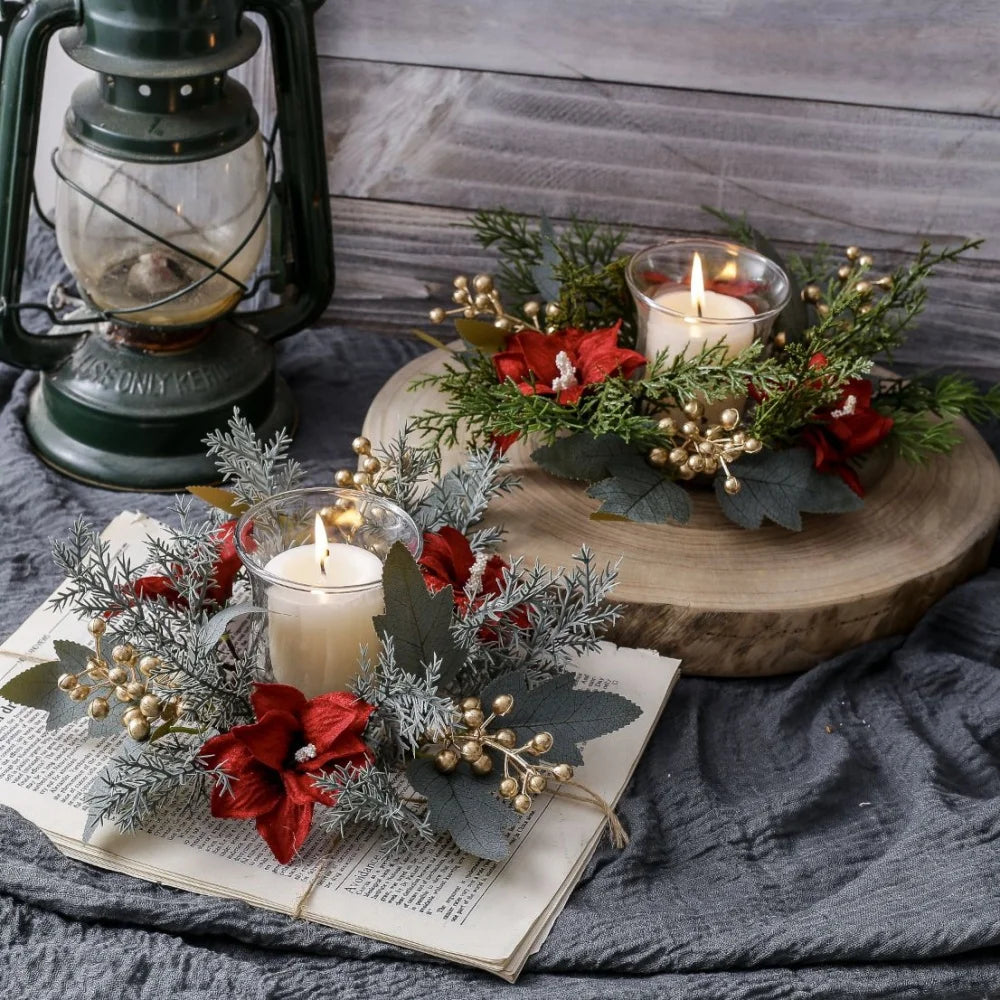 Christmas Candlestick Wreath Red Fruit Artificial Flowers Candle Ring Xmas New Year Table Decoration Candle Holder Garland Oasis Select
