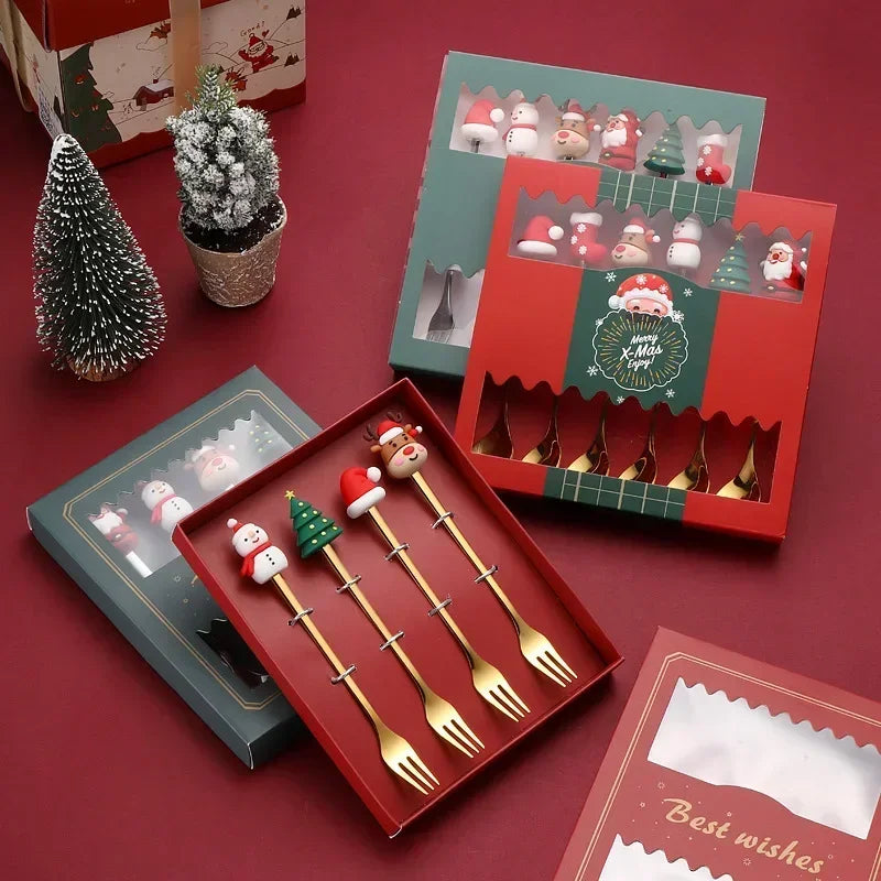 4/6PCS Coffee Spoons and Forks Set Creative Stainless Steel Fruit Fork Coffee Spoon Christmas Gifts for Kids Red/Green Gift Box Oasis Select
