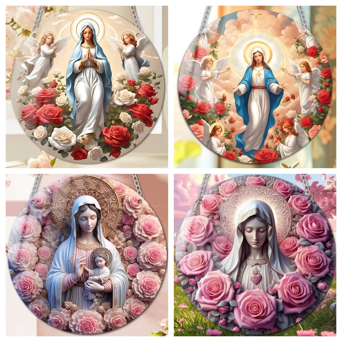 New Flower Cluster Angel Girl Warm Mother Daughter Acrylic Disc Hanging Pendant With Rope For Home Wind Chimes Decoration Oasis Select
