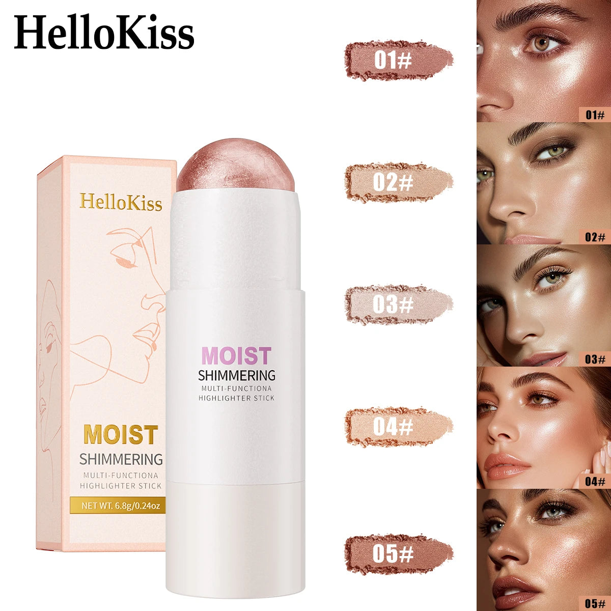 Hello Kiss 5-Color Shimmer Highlighter & Bronzer Stick | Waterproof