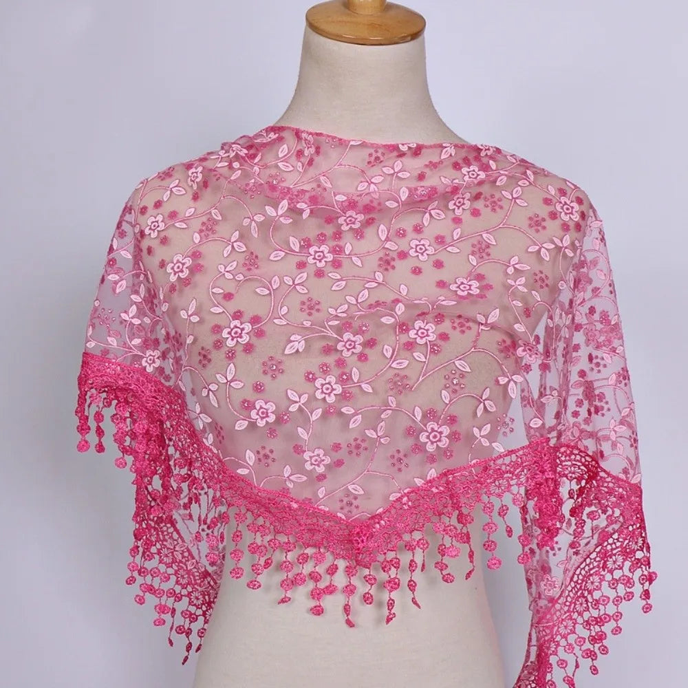 Gifts Triangle Lace Veil Headscarf Floral Breathable Women's Small Floral Scarf Lace Triangle Veil Sequined Gauze Scarf Oasis Select Rose Red