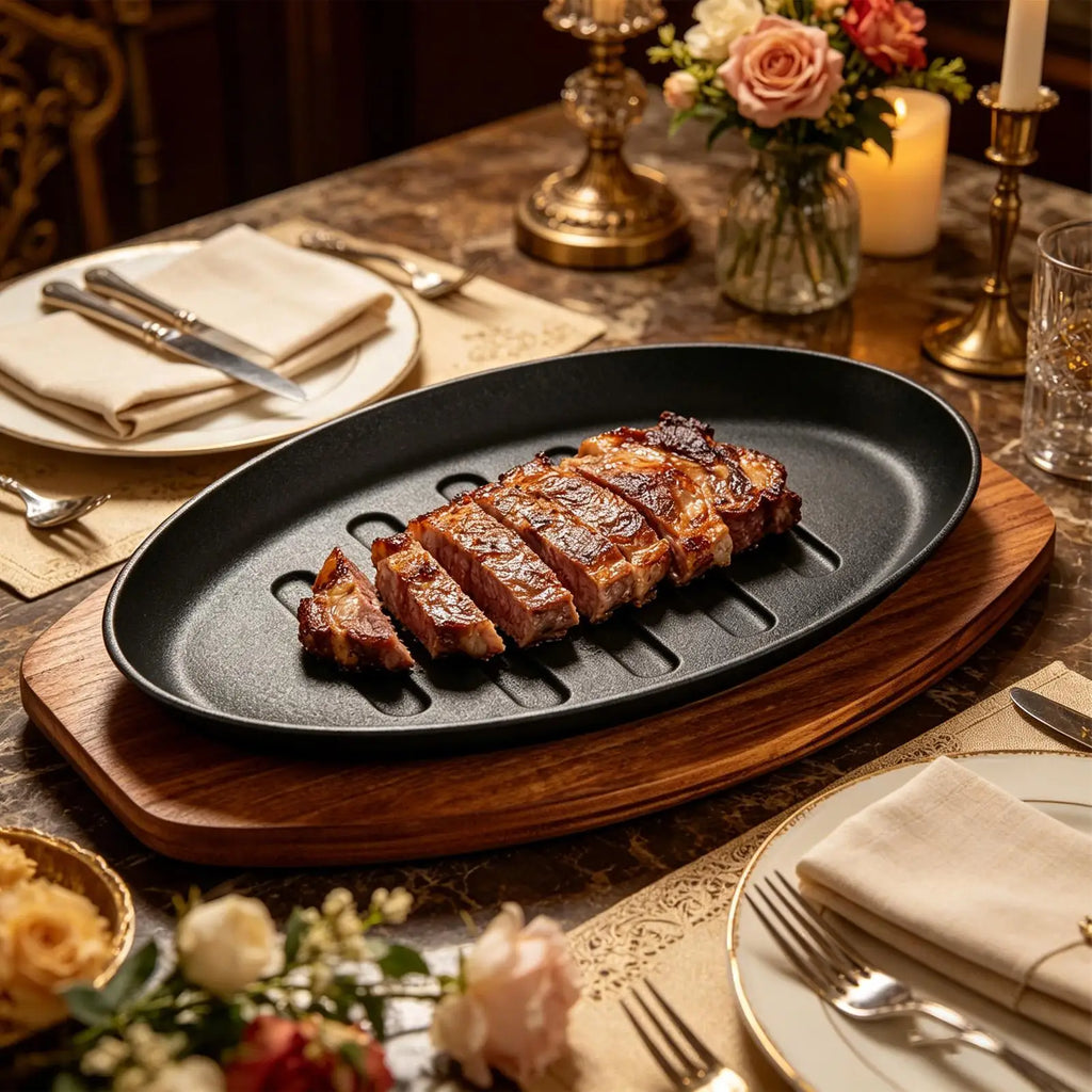 Cast Iron Oval Shape Restaurant Barbecue Plate Steak Sizzling Hot Pan Plate with Wooden Base Teppanyaki Grilled Fish Tray Oasis Select