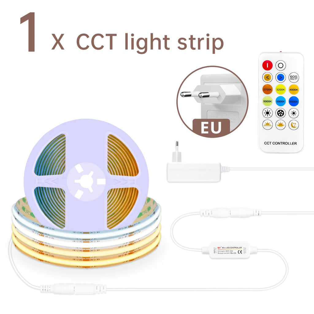 24V CCT COB LED Strip Cabinet Light with Wireless Remote Control Dimmable,High Color Rendering,No Flicker,2700K To 6500K Change Oasis Select European Power Plug CCT 2700K To 6500K 10M Kit
