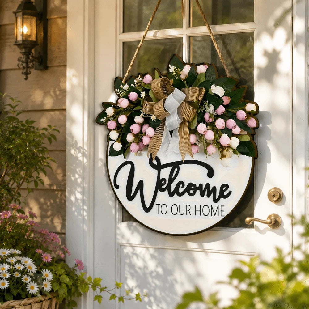 Creative 2D Flat Welcome Sign Wooden Bow Knot Hanging Decoration Flower Round Shape Wall Art Porch Decor Oasis Select