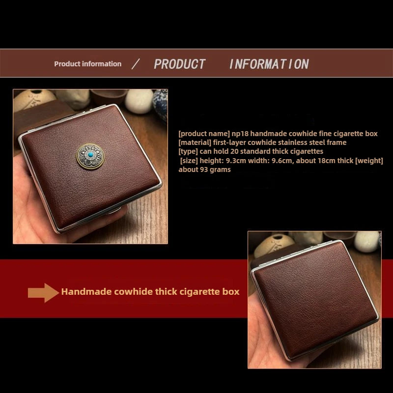 Cowhide Cigarette Box Thick Cigarette Side-flip Ultra-thin Handcrafted Top Layer Classic Men's Retro 20-pack Cigarette Box Oasis Select