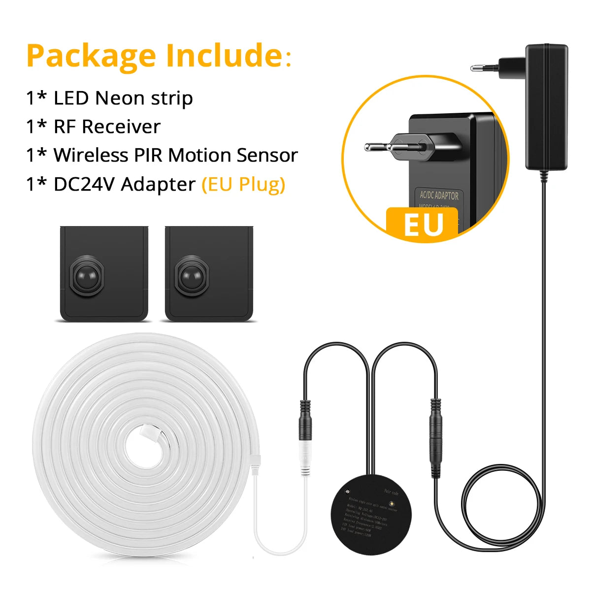 Portable Wireless PIR Motion Sensor Switch Neon Light Strips DC24V Diode Tape with RF Reciever for Stairs Bedroom Night Light Oasis Select 10m Warm White 2xSensor EU Plug