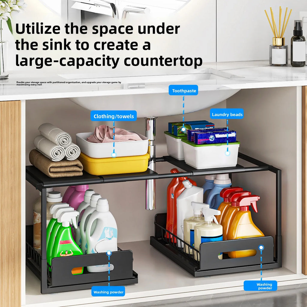 Kitchen Lower Sink Shelf Layered Rack in Cabinet Bathroom Basket Household Multifunctional Retractable Storage Rack Oasis Select