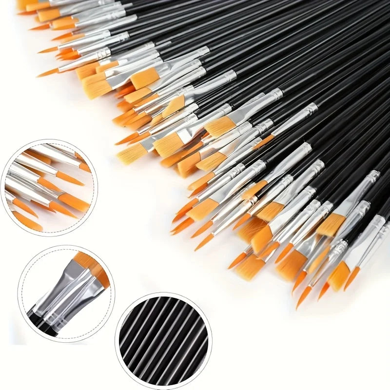 50pcs Paint Brushes | Flat and Round Tipped Pen Tips, Durable Patterned Handle, Suitable for Acrylic, Watercolor, and Facial Oasis Select