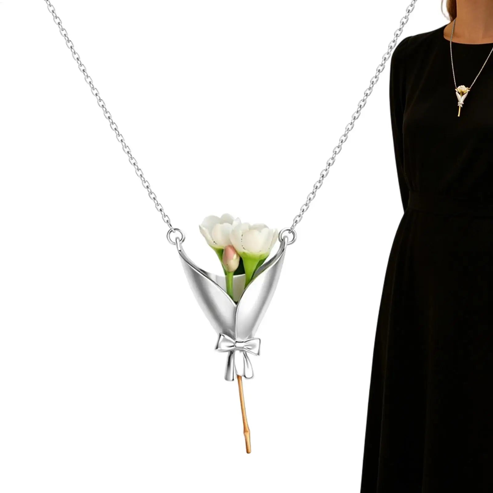Flower Necklace Romantic Trendy Bouquet Jewelry Copper Cute Floral Necklace Bouquet Necklace Pendant Creative Vase Necklace Oasis Select