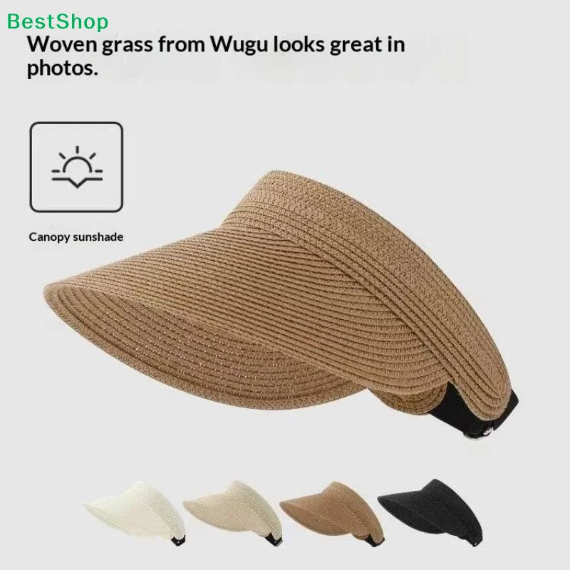 UPF 50+ Wide Brim Straw Visor Hat – Foldable Ponytail Beach Hat