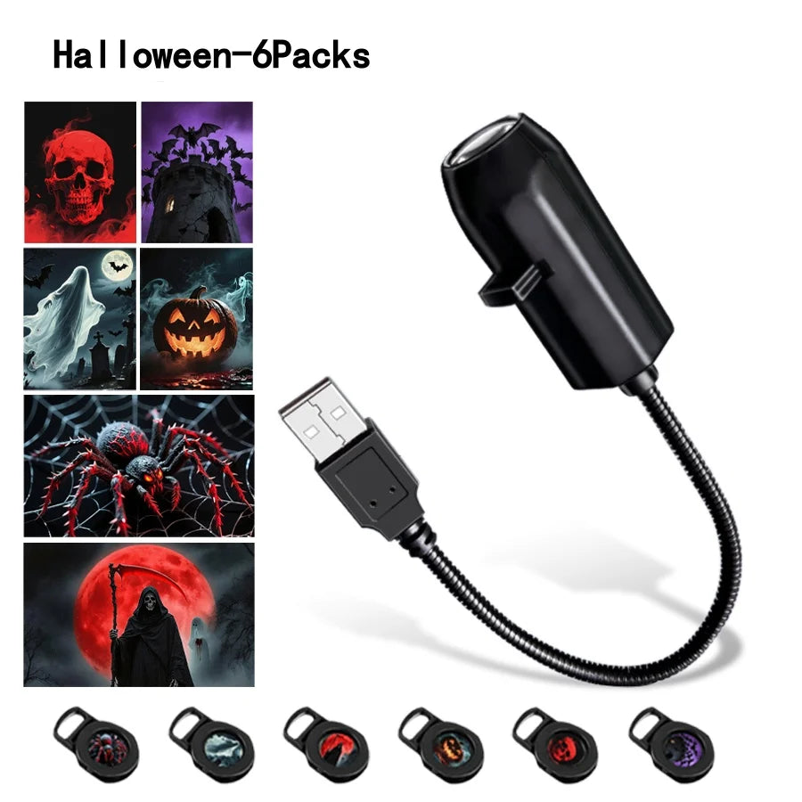 Halloween USB Projector Light Skull NightLight Ghost LED Lamp 360Degree Rotating Switchable Pattern Design Dark & Night Ambiance Oasis Select 6 Films-B