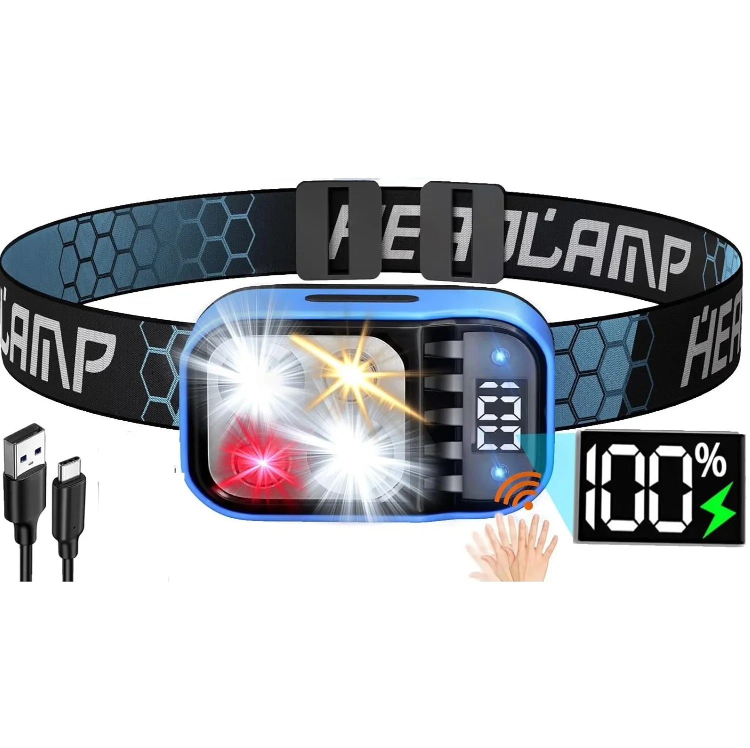 Rechargeable Headlamp Flashlight Bright LED Waterproof Motion Sensor Headlights Emergency Head Lamp Camping Fishing Head Light Oasis Select YD07 1 Pack