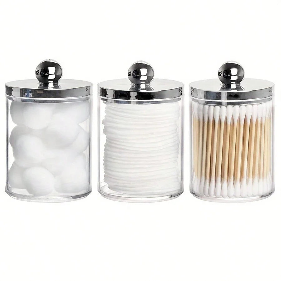 Cotton Swab Ball Pad Holder, Plastic Organizer with Lid, 10 oz Cotton Swab Apothecary Jar, Clear Organizer, Cosmetic Organizer, Oasis Select silver 3pcs
