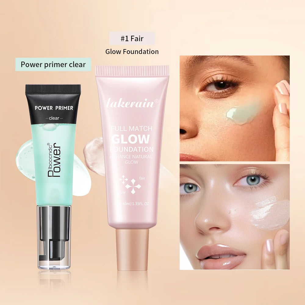 Powder Grip Primer Gel & Glow Foundation Makeup Kit Hydrating Smoothing Skin Lightweight Brighthen Shiny Fase Cosmetics Combo Oasis Select SET 1