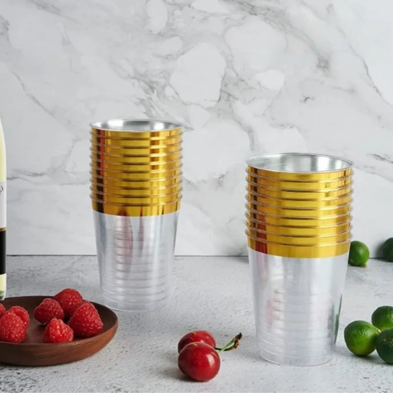 50pcs 10oz Golden Rim Cups, Durable Hard Plastic Water Glasses Suitable for Weddings and Parties, Party Dinnerware Drink Ware Oasis Select Gold-ram 50pcs