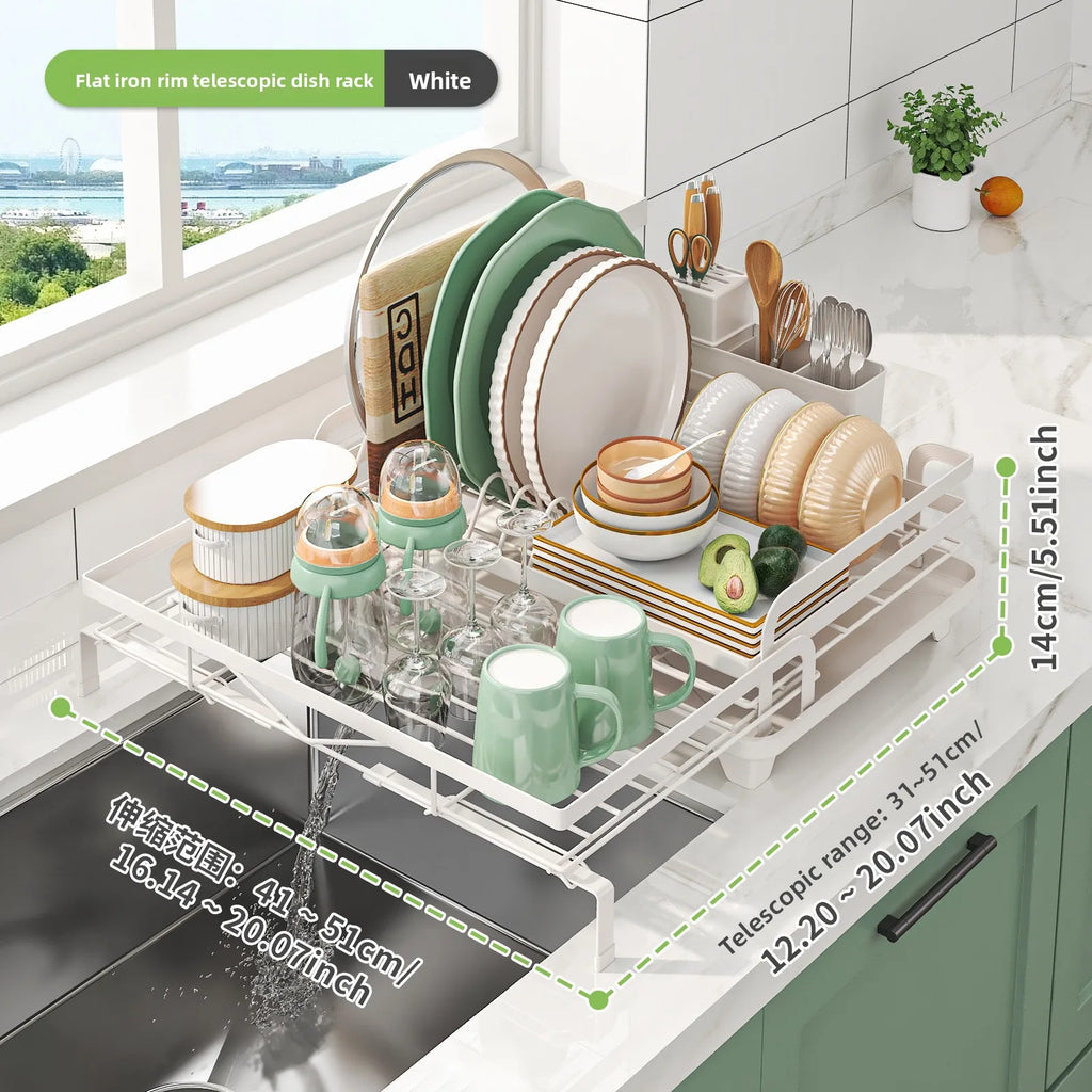 Kitchen Drain Dish Rack Countertop Tableware Cup Storage Rack Multifunctional Retractable Tableware Storage Rack Oasis Select White