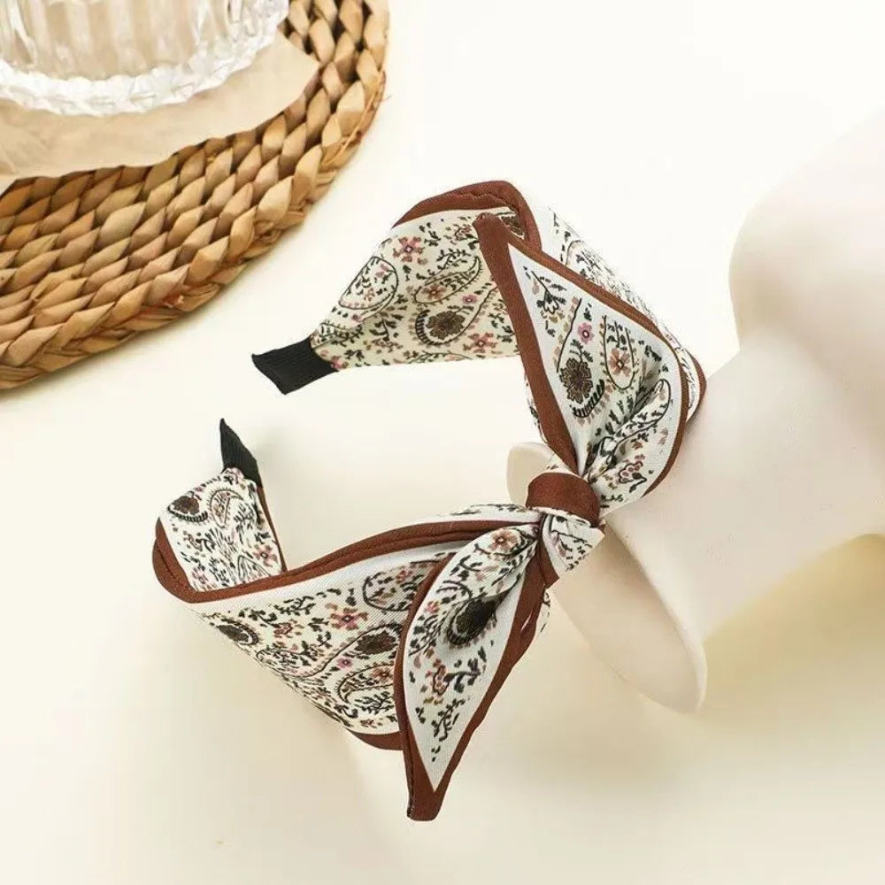 New Wide Brim Bowknot Headband Floral Paisley Hair Band Elastic Cloth Hair Hoop Girls Oasis Select Brown