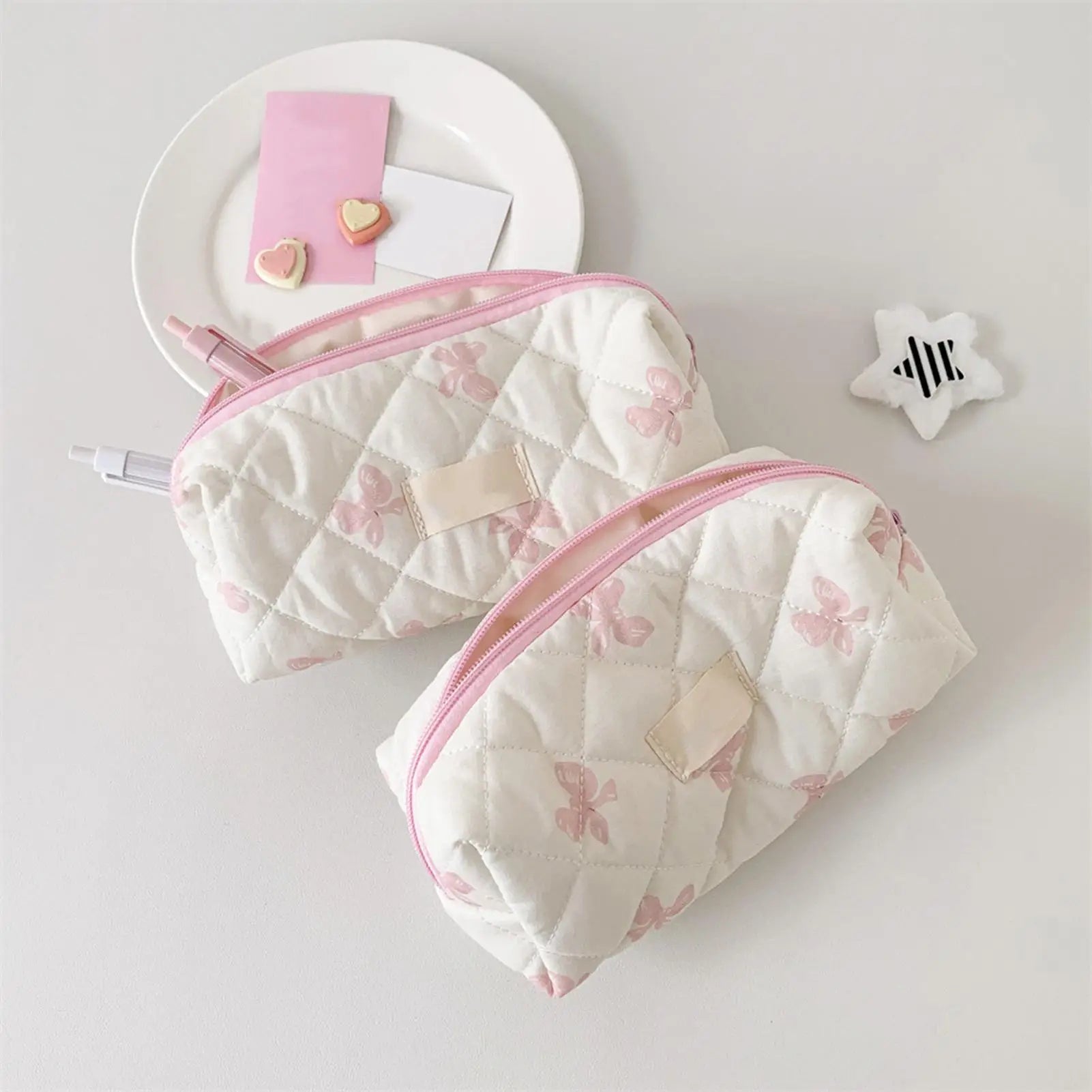 Large Capacity Storage Bag Pencil Case Makeup Bag Bow Print Cosmetics Bag Sundry Storage Bags Organizer Student Stationery Oasis Select