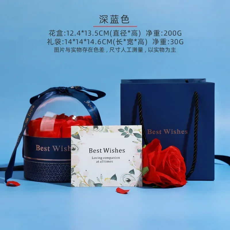 Cylinder Creative Rose Box Set Valentine Day Ring Pendant Earring Universal Gift Box Artificial Flowers for Girlfriend Surprise Oasis Select bule