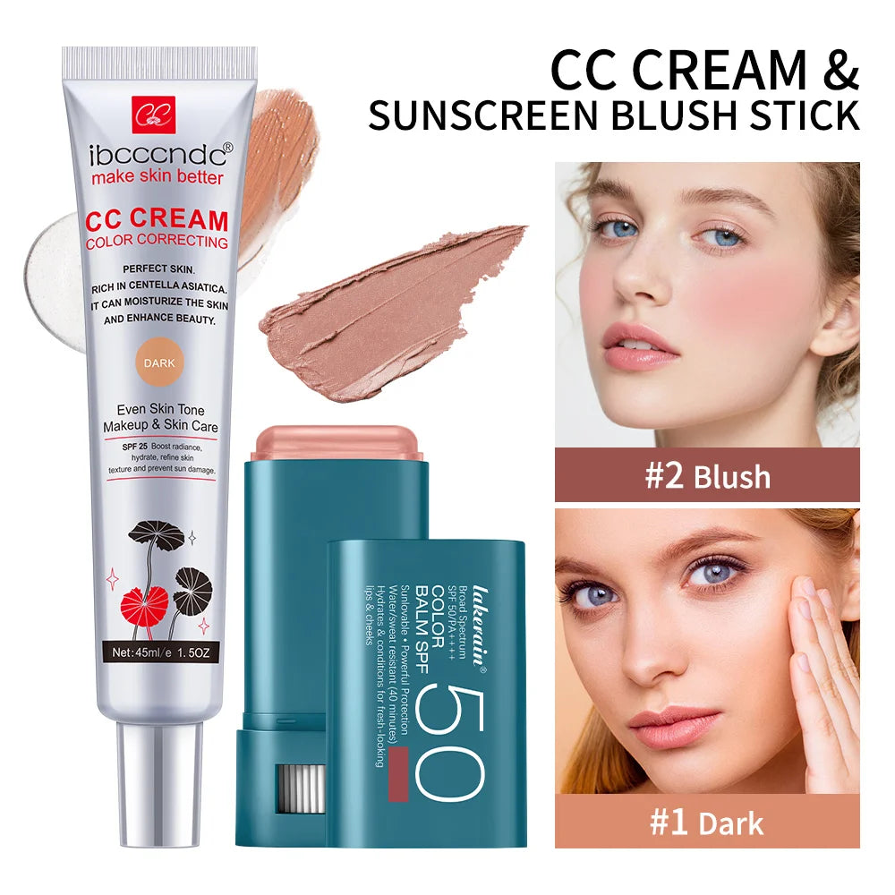 2pcs/set Color Correcting CC Cream & Suncreen Blush Stick Long-Lasting Waterproof Natural Finish Face Makeup Korean Cosmetic Oasis Select SET 2