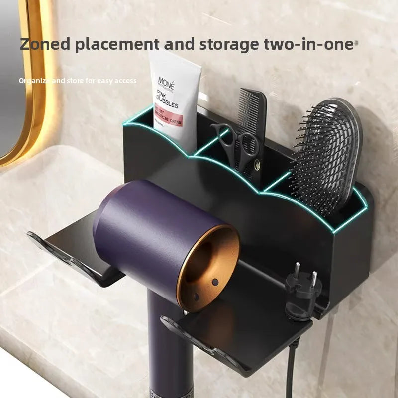 Hair Dryer Storage Rack Wall Mounted 2 in 1 Partition Hands Free Easy Install No Drill Shower Accessory Compact Storage Lazy Hol Oasis Select