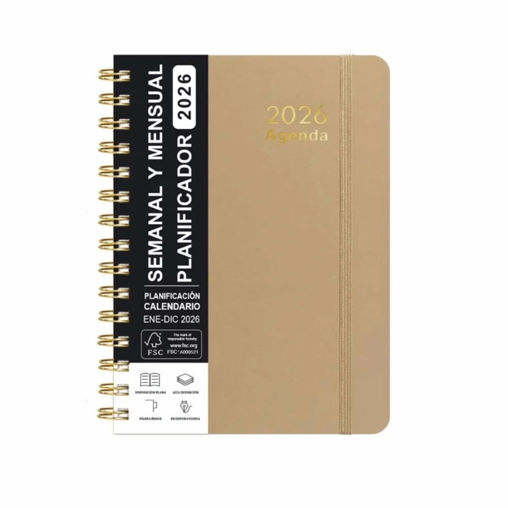Spanish Planner A5 Notebook 2026 Self-Tracking Diary Planning Book Coil Calendar Essential Daily Organizer Multi Functional Oasis Select Brown