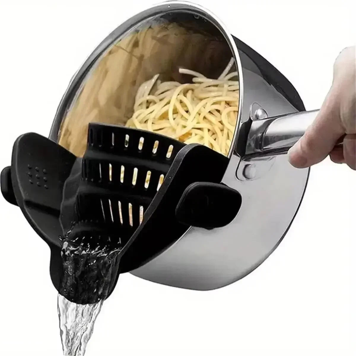 Universal Silicone Clip on Pan Pot Strainer Anti Spill Strainer Food On Strainer For Pots Pans And Bowls, Kitchen Pot Strainer Oasis Select Black